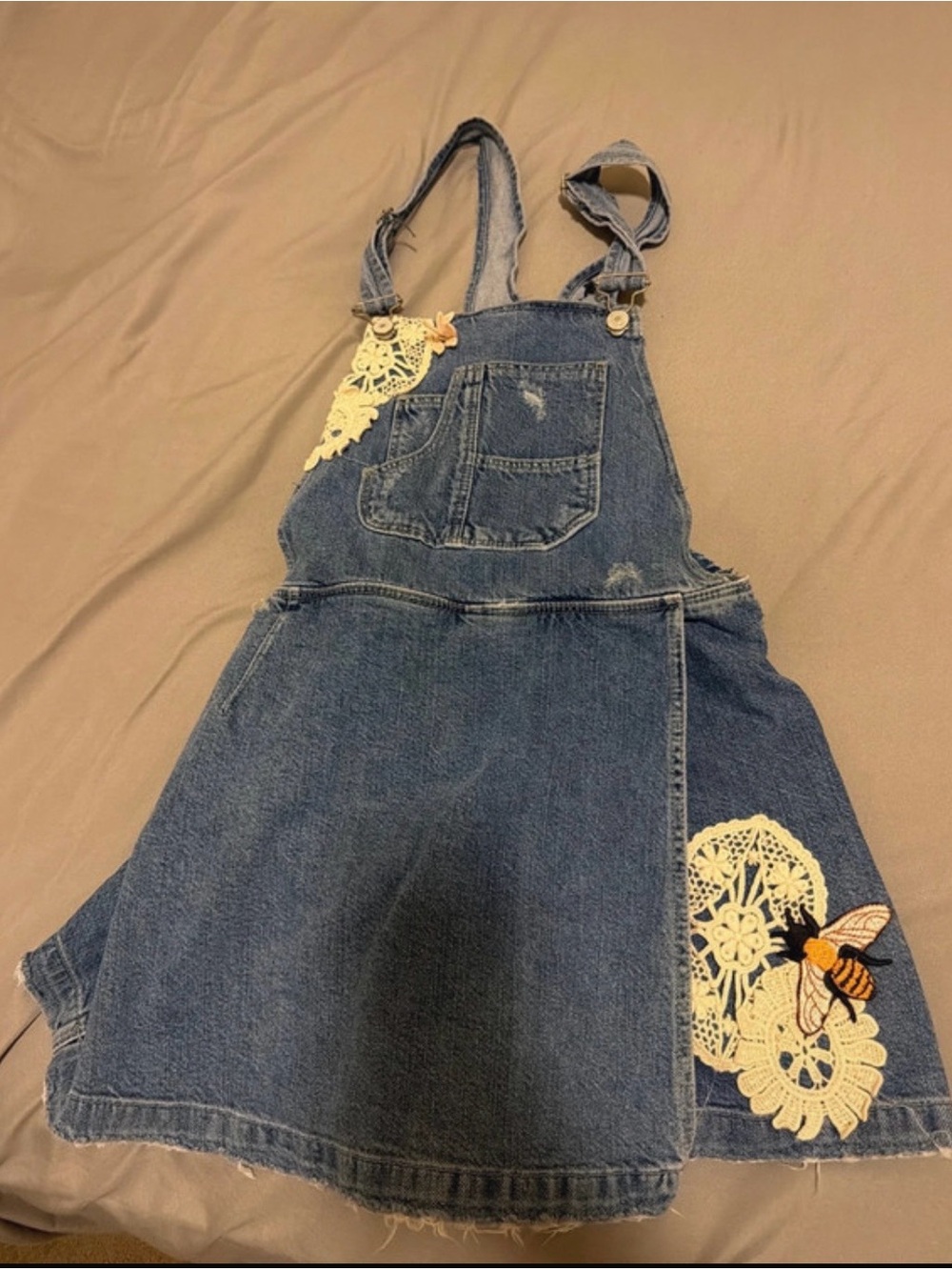 Zara Denim Overall Skirt with Bee Appliqué - Blue